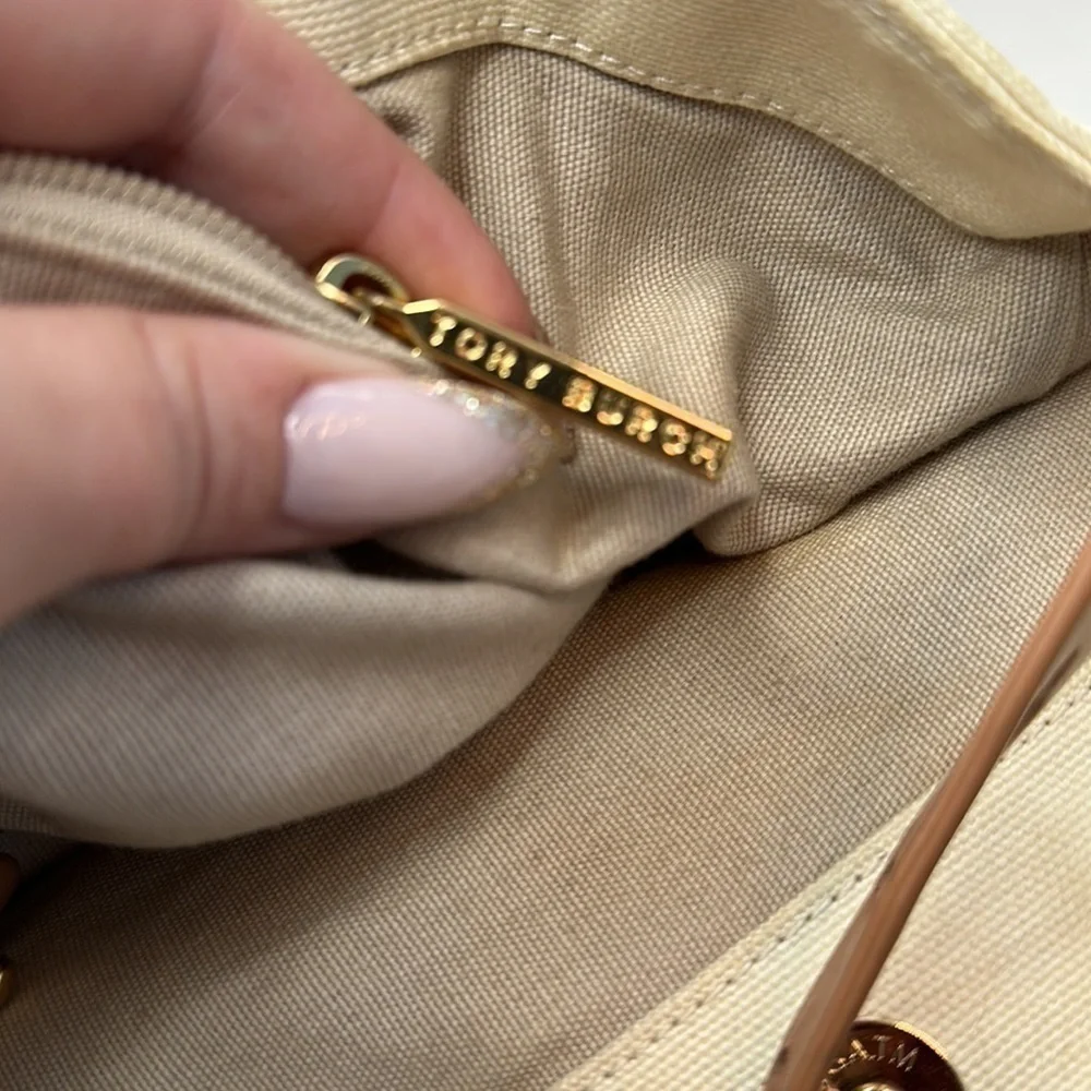 Tory Burch logo color block canvas with leather trim tote